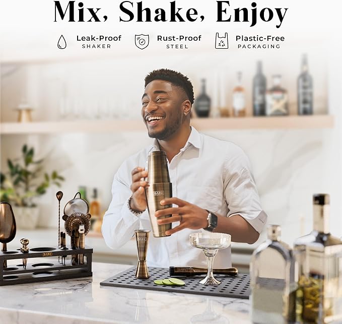 BARE BARREL® Mixology Bartender Kit Bar Set | 16-Piece Cocktail Shaker Set | Martini Barware Mixing Tools for Home Bartending | Incl. 35 Recipe Cards | Gift Set (28oz Boston Shaker, Brass/Black)