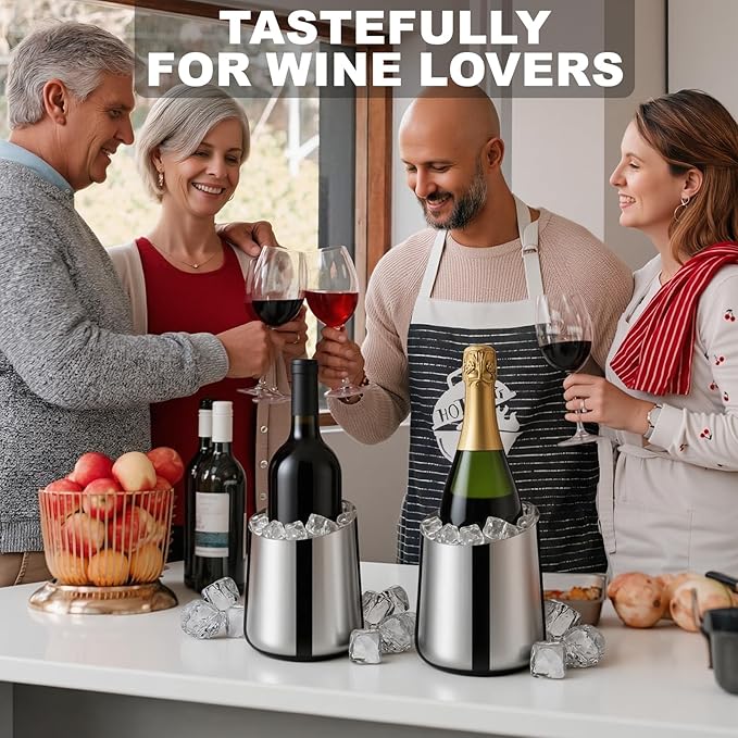 Layhit 2 Pcs Wine Chiller Bucket Stainless Steel Champagne Bucket 750ml Wine Bottle Cooler Champagne Chiller Double Insulated Bottle Cooler to Keep Chilled Without Ice for Party Kitchen Bar(Silver)