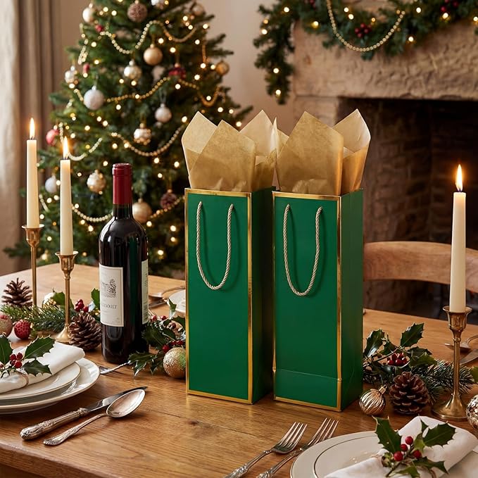 TaoBary 50 Pack Wine Gift Bags and Gold Wrapping Paper Set Wine Bags for Bottle Bulk 4 x 5 x 13 Inch Champagne Gift Paper Sack with Handles for Christmas Appreciation Wedding Anniversary (Green)