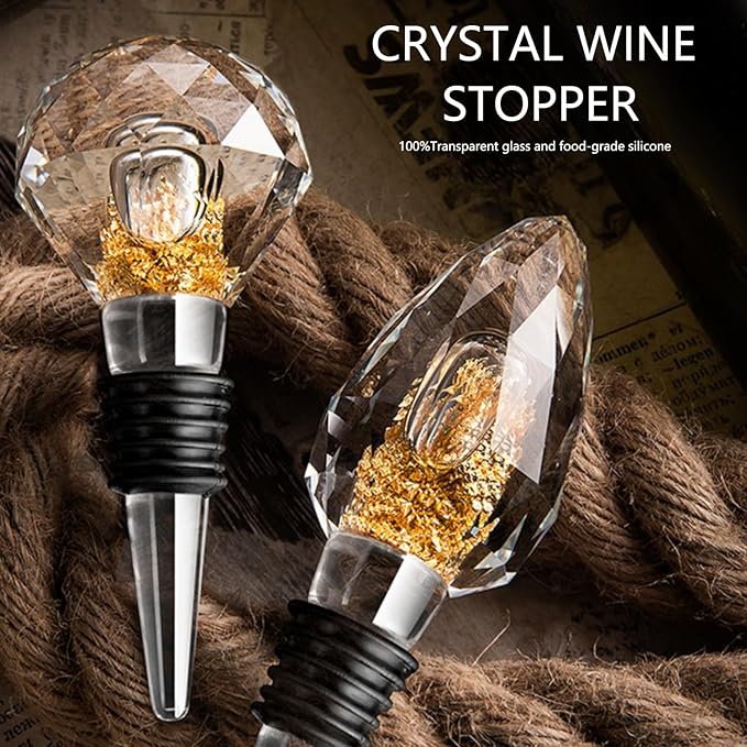 100% Glass Wine Stopper, Clear Decorative Crystal Gold Foil Wine and Beverage Bottle Stopper, Drip Shape Wine Bottle Stopper for Kitchen Wine Décor, Made of Premium Glass and Silicone, 1Pcs