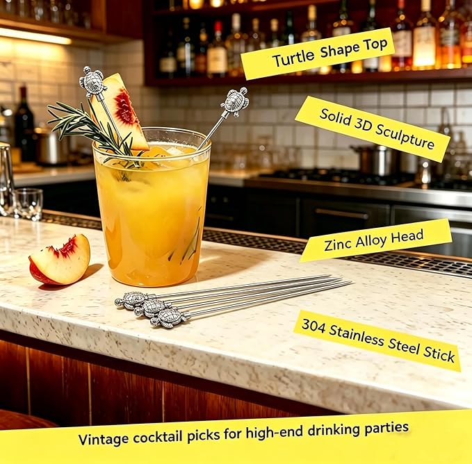 Homestia 4.6" Stainless Steel Cocktail Picks, 6PCS Turtle Design Metal Drink Garnish Skewers - Food Grade 304 Stainless Steel Fruit Picks for Cocktails, Appetizers, Olives, Party Decor - Reusable