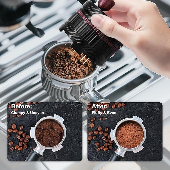 ShanSon WDT Espresso Tool with Brush Base Coffee Powder Distributor Needle WDT Tool for Barista Coffee Bar Espresso Distribution Tool,51mm,Black&Wine Red