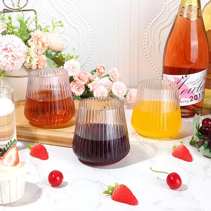 24 Pack Plastic Ribbed Wine Glasses, 14oz Stemless Disposable Wine Cups, Cute Clear Unbreakable Outdoor Cocktail Glasses, Heavy Duty Reusable Plastic Drinking Cup for Party Wedding Mimosa Bar