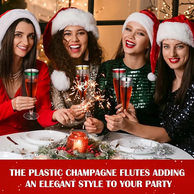 Jingmore 36 Pcs Plastic Champagne Flutes 4.5 oz Clear Disposable Wine Glasses Cocktail Cup Champagne Glass for Wedding Graduation Summer Party Favor Mimosa Bar Supplies (Green,Red,Silver,Gold)