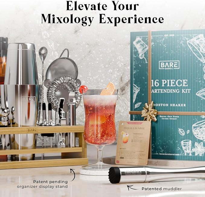 BARE BARREL® Mixology Bartender Kit Bar Set | 16-Piece Cocktail Shaker Set | Martini Barware Mixing Tools for Home Bartending | Incl. 35 Recipe Cards | Gift Set (28oz Boston Shaker, Silver/Natural)