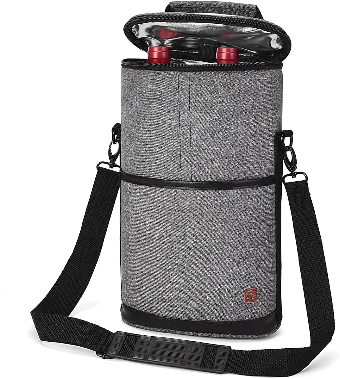 ALLCAMP 2 Bottle Wine Tote Carrier - Insulated Portable Padded Canvas Wine Bag for Travel, BYOB Restaurant, Wine Tasting, Party, Great Christmas Day Gift for Wine Lover，Gray