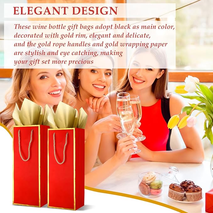 TaoBary 50 Pcs Wine Gift Bags and Gold Wrapping Paper Set Wine Bags for Bottle Bulk 4 x 5 x 13 Inch Champagne Gift Paper Sack with Handles for Valentines Day Appreciation Wedding Anniversary