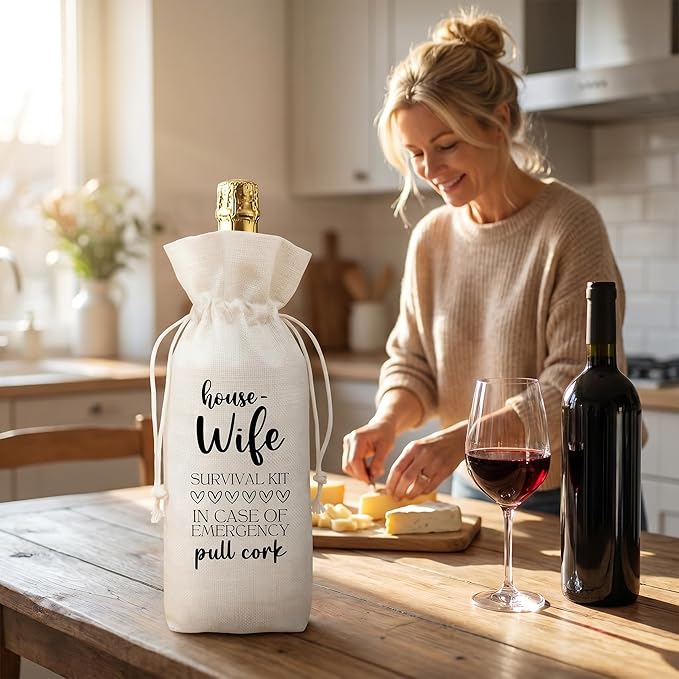Funny Housewife Survival Kit Wine Bag, Linen Drawstring Wine Bottle Gift Bag, Reusable Wine Pouch for Wife Birthday Anniversary Mother's Day Wedding, 13 x 5.7 Inch - A06