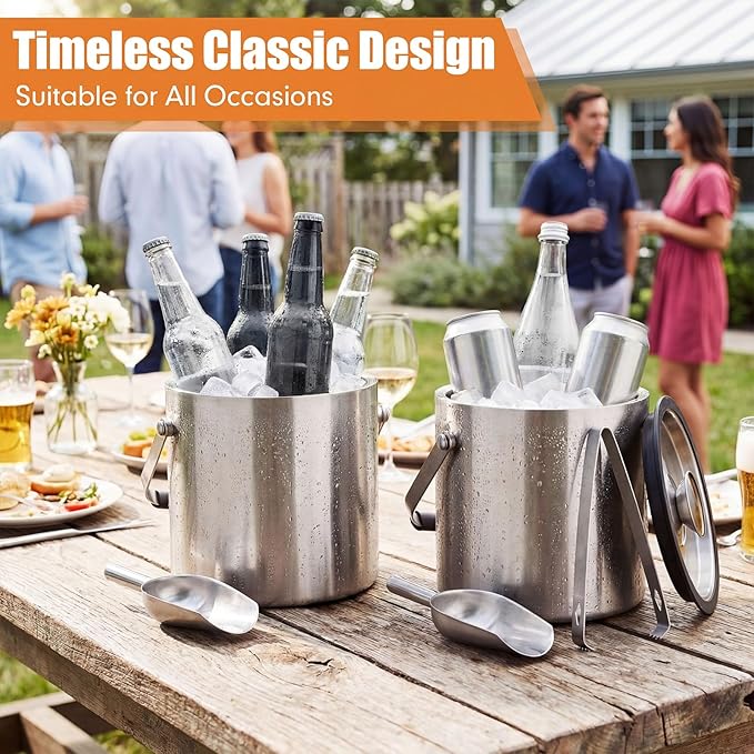10 PCS 2 Set 3L Portable Ice Buckets for Parties Stainless Steel Double-Wall Insulated Ice Bucket with Lid, Scoop, Tongs Ideal for Cocktail Bar, Outdoor Events & Keeps Drink Frozen Longer