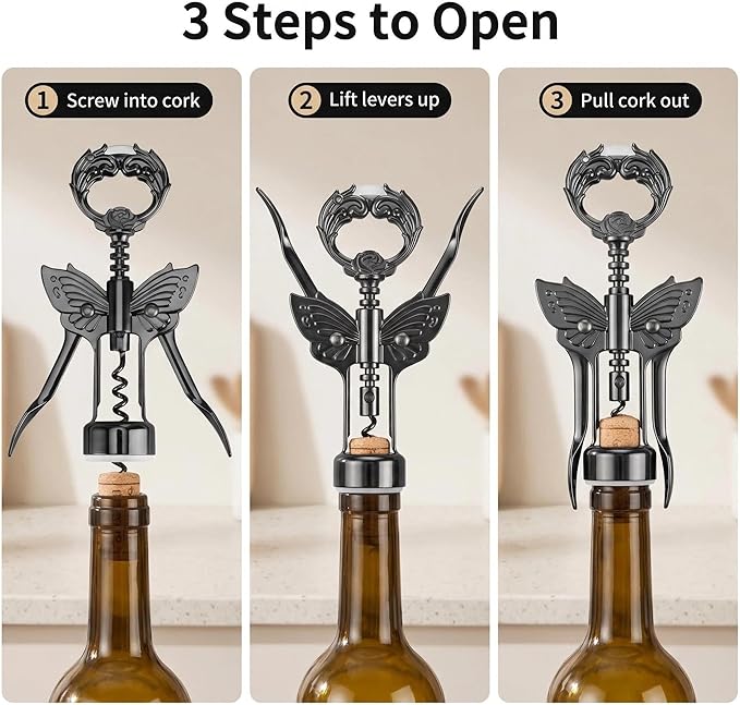 Wine Opener, 3 in 1 Zinc Alloy Premium Wing Corkscrew Wine Bottle Opener with Multifunctional Bottles Opener and Serrated Foil Cutter for Wine and Beer (Black)