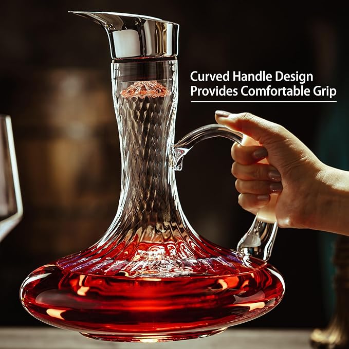 Hand Blown Wine Decanter, 60oz Large Red Wine Decanter With Aerator, Lead-free Striped Glass Carafe, Cute Wine Accessories Set With Handle And Lid Filter, Unique Gifts For Wine Lovers