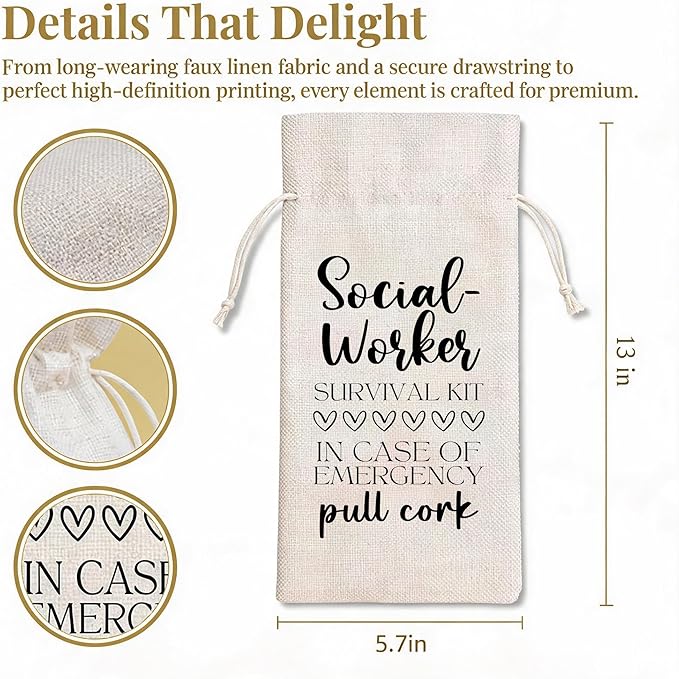 Funny Social Worker Survival Kit Wine Bag, Linen Drawstring Wine Bottle Gift Bag, Reusable Wine Pouch for Social Worker Appreciation Retirement Birthday, 13 x 5.7 Inch - A10