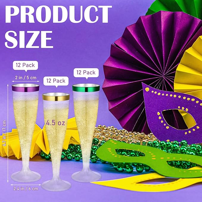 Jingmore 36 Pcs Plastic Champagne Flutes 4.5 oz Clear Disposable Wine Glasses Cocktail Cup Champagne Glass for Wedding Graduation Summer Party Favor Mimosa Bar Supplies (Purple,Green)