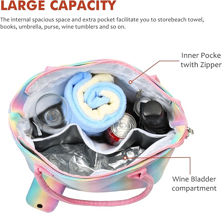 Tirrinia Wine Tote Bag, Beach Cooler for Travel Gift, Drink Purse Travel Bag with Spout for Picnic, BYOB, Party, Dinner, Pool