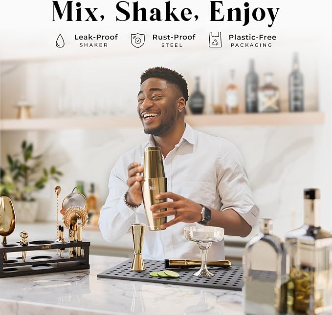 BARE BARREL® Mixology Bartender Kit Bar Set | 16-Piece Cocktail Shaker Set | Martini Barware Mixing Tools for Home Bartending | Incl. 35 Recipe Cards | Gift Set (28oz Boston Shaker, Gold/Black)