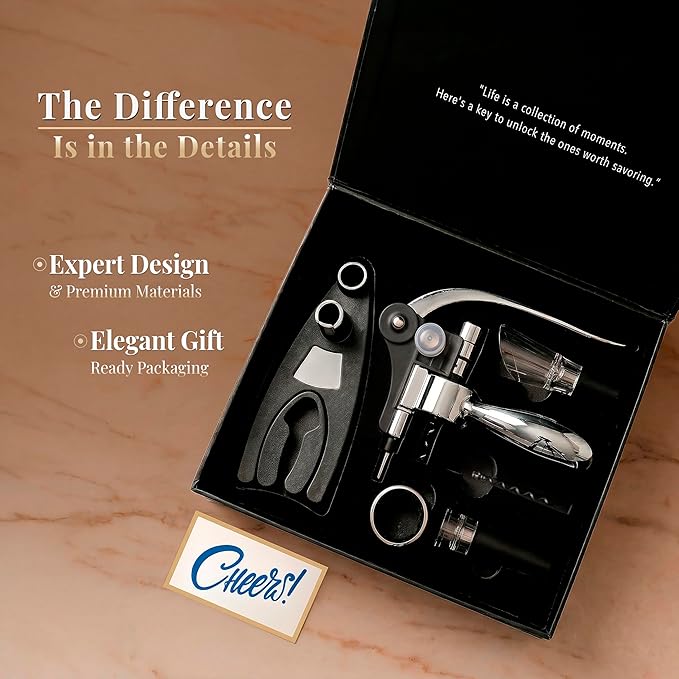 Complete Corkscrew Wine Opener Set With 7 Essential Accessories – Luxury Corkscrew Wine Opener Set for Effortless Uncorking & Wine Preservation – The most Elegant Wine Opener Gift Set (Pure Silver)