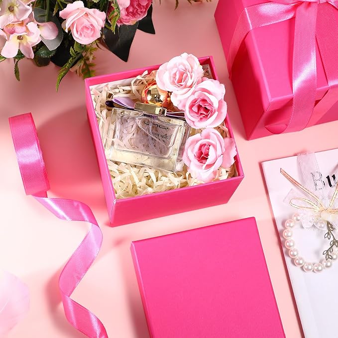 Cholemy 5 Pcs Square Nesting Boxes Decorative Gift Boxes with Lid and Ribbon Assorted Sizes Wrap for Wedding, Carnival, Anniversary, Birthday, Bridal Shower Party Gifts(Hot Pink)