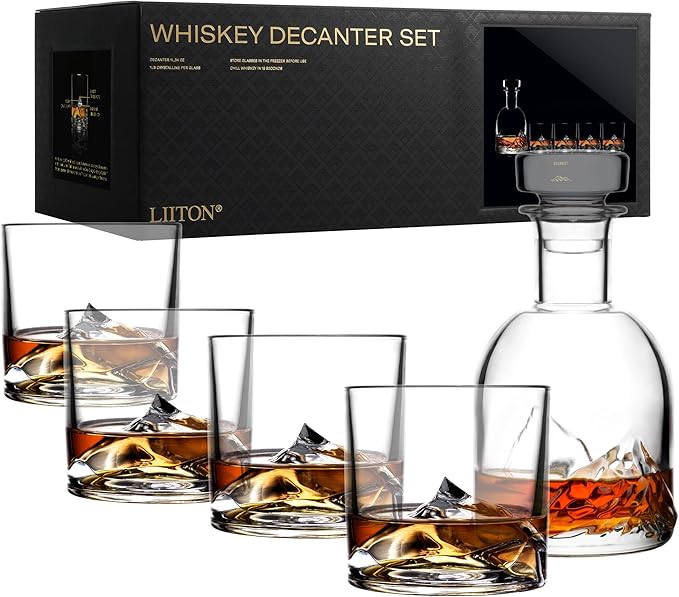 LIITON Everest Mountain Whiskey Decanter Set – 34oz Mountain Crystal Glass Decanter with 4 Old Fashioned Glasses – Premium Gift for Men – Bourbon, Scotch, and Liquor Lovers