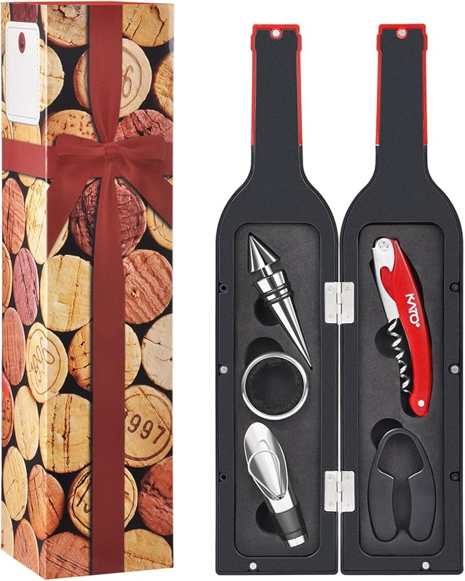 Wine Bottle Accessories Gift Set - Wine Opener Kit Corkscrew Screw Pull, Stopper, Aerator Pourer, Foil Cutter, Drip Ring with Drink Stickers by Kato, Great Valentine's Gifts, Red