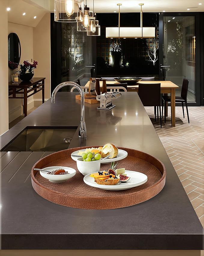 HofferRuffer Large Round Serving Tray 24'', Elegant Faux Leather Circle Ottoman Table Tray, Serve Tea Coffee Breakfast in Bedroom Living Room Kitchen (Antique Brown, 24'')