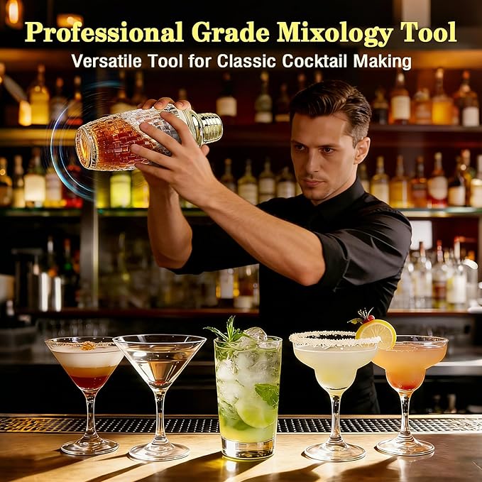 Cocktail Shaker Set - Gold Drink Shaker Bottle with Muddler Professional Martini Shaker Glass for Home Bartender 13.5 Oz Drink Mixer with Measuring Jigger and Built-In Strainer
