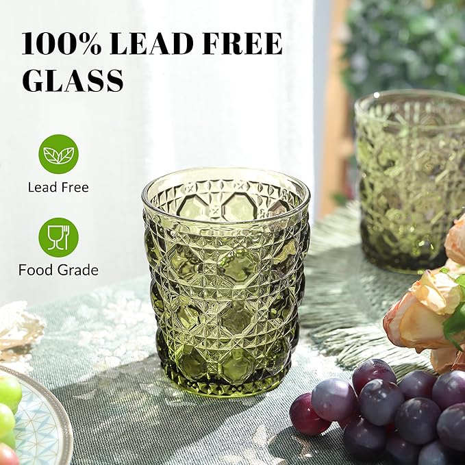 Joeyan Vintage Small Drinking Glasses,Green Embossed Colored Gemstone Water Glass Tumbler,Cocktail Juice Whiskey Milk Wine Glassware Cups,11 oz,Set of 6,Dishwasher Safe