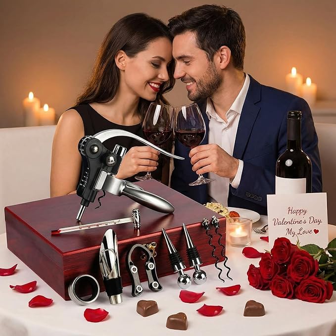 Valentines Day Gifts, 9 PCS Corkscrew Wine Opener Set, Stainless Steel Cork Screw Rabbit Wine Bottle Opener Kit Including Foil Cutter, Pourer, Vacuum Wine Stopper Corkscrews etc