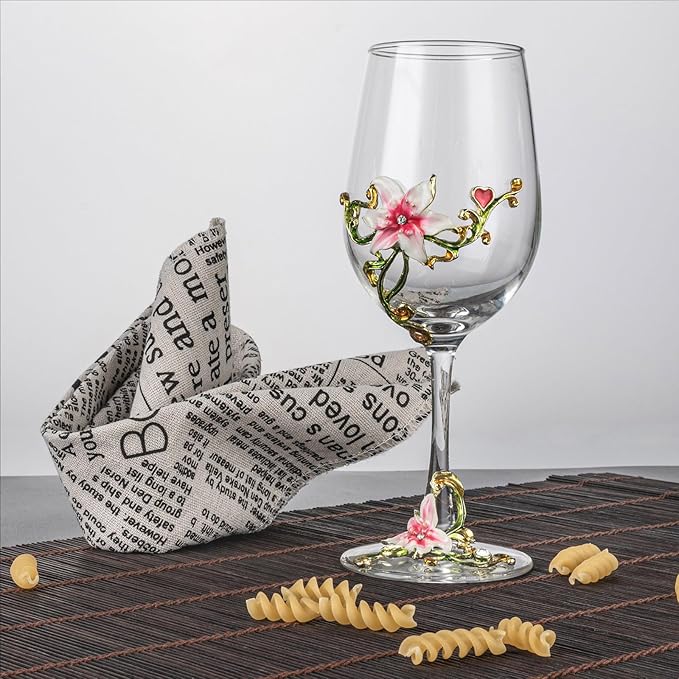 Simcat Handmade Painted Enamel Flower Glass Wine Glasses Transparent Refined Goblet, Stem For Cabernet, Gifts (Single pink gift box,1 Gift Box)