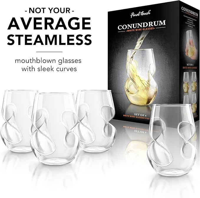Final Touch Conundrum White Wine Glasses - Set of 4 Stemless Handcrafted Glasses - 9 oz Capacity - Sleek Curves for Comfortable Tasting - Dishwasher Safe (GG5008)