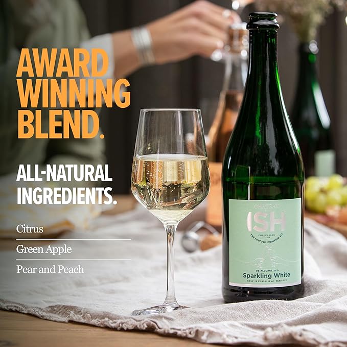 Chateau del ISH Sparkling Non Alcoholic White, Award Winning Non-Alcoholic Wine and Champagne, Gluten Free, Low Calorie, Zero Proof with Dealcoholized Pinot Blanc and Silvaner Grapes, 750 ml Bottle