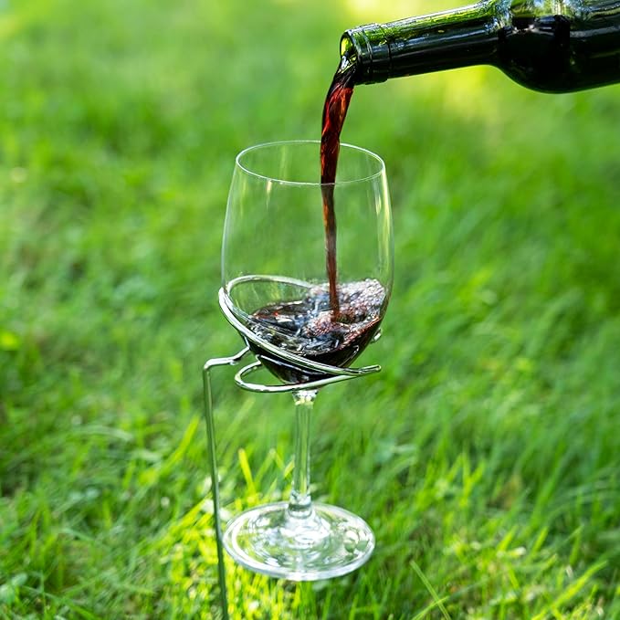 TRUE Picnic Stix Wine Glass & Bottle Holders, Chrome Outdoor Drink Dolder Stakes, Outdoor Cup Holder, Yard Cups, Set of 3, Fits 2 Glasses and 1 Bottle