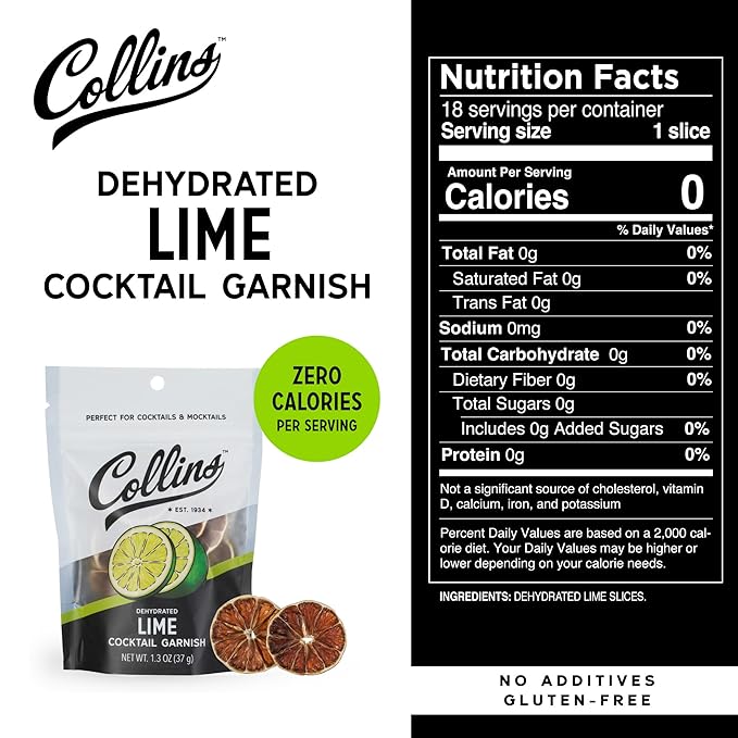 Collins Dehydrated Lime Cocktail Garnish Slices, 1.3 oz, Ideal for Margaritas, Mojitos, Mocktails, Desserts & More – Premium Drink & Food Garnish – 1.3 oz
