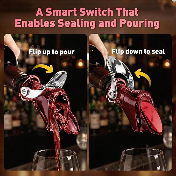 IOV Wine Pour Spout, Upgraded Sealing Liquor Bottle Pourers, Auto Flip Olive Oil Dispenser Spout, Pourer with Dust Caps for Alcohol, Vinegar and Syrup, No-Drip Wine accessories, Red