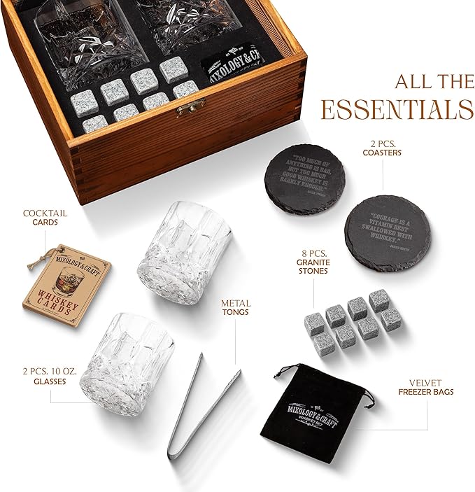 Mixology & Craft Whiskey Stones Gift Set: with Two 10oz Lead-Free Crystal Whiskey Glasses, 8 Whiskey Stones with Velvet Bag, 2 Slate Coasters & Recipe Cards in Wooden Crate | Great