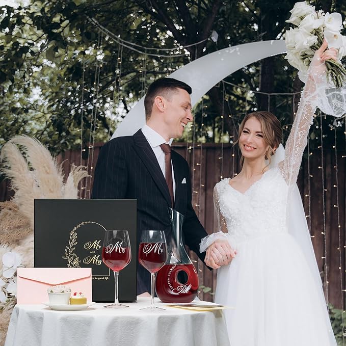AW BRIDAL Mr and Mrs Wine Glasses for Couples Wedding and Bridal Shower, 2026 Engagement Gift for Newlyweds, Anniversary Wine Glasses with Decanter Couple Gifts