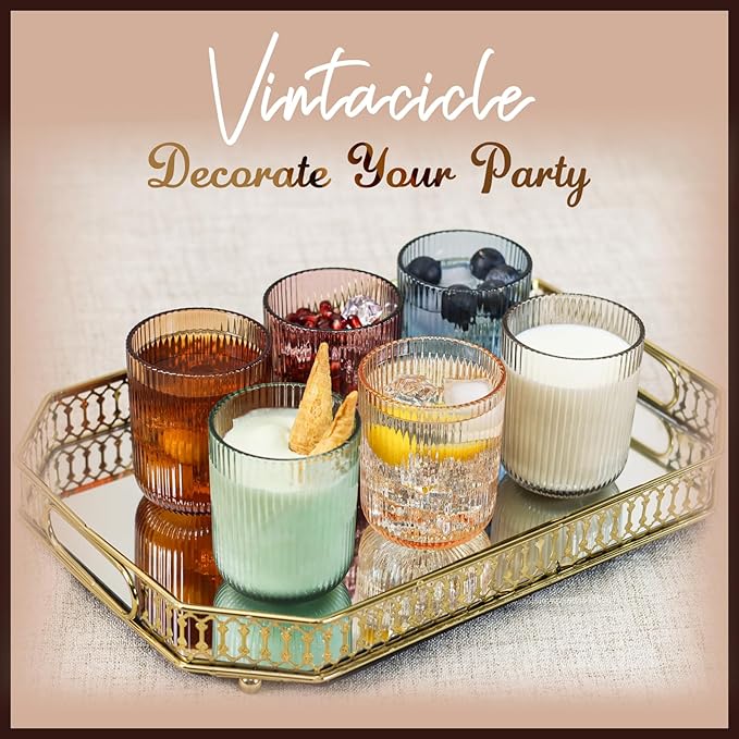 8.5 oz Drinking Glasses, Colored Highball Glasses Set of 6, Ribbed Glassware Glass Cups, Water Glasses for Juice, Iced Coffee Cups, Cocktail Glasses