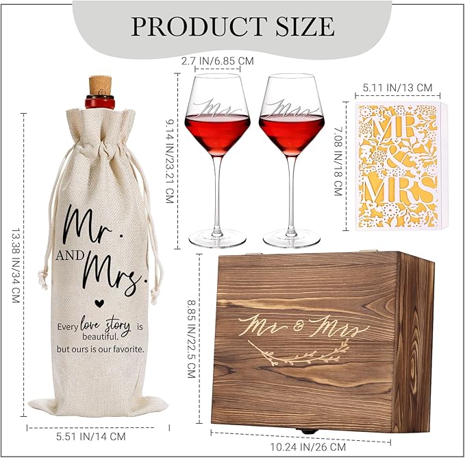 2026 Mr & Mrs Wine Glasses Gift Set with Memory Box,Wine Bag, Greeting Card – Engagement, Wedding & Newlywed Gifts for Couples, Just Engaged Gifts for Women