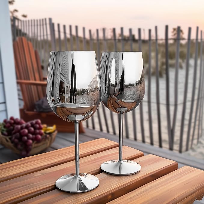 K&K Home Silver Stainless Steel Unbreakable Wine Glasses - 18 oz - Set of 4 Colored, Stemmed Metal Wine Glasses Perfect for Outdoors, Weddings, and Parties