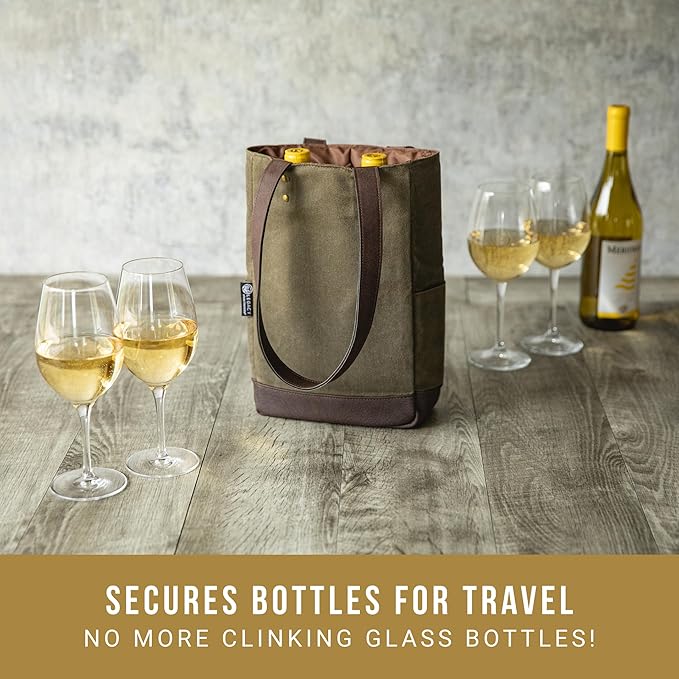 PICNIC TIME 2 and 3 Bottle Insulated Wine Bag, Distressed Waxed Canvas Wine Tote, Durable Bottle Carrier Bag for Gifts and Travel with Side Pockets & Removable Divider (Khaki Green with Brown Accents)