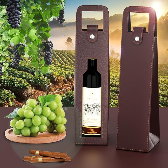 RYDDOY Wine Gift Bag, Reusable Leather Wine Tote Carrier, Single Bottle Champagne Beer Gift Bags Carrier for Birthday, Wedding, Picnic Party, Christmas festival Gifts (Brown)