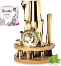 Barillio Gold Mixology Bartender Kit with Stand - Cocktail Shaker Set with Bamboo Stand, Boston Drink Shaker, Mojito Muddler, and Drink Mixer Spoon - 9-Piece Bar Tools Set - Bar Accessories for Home
