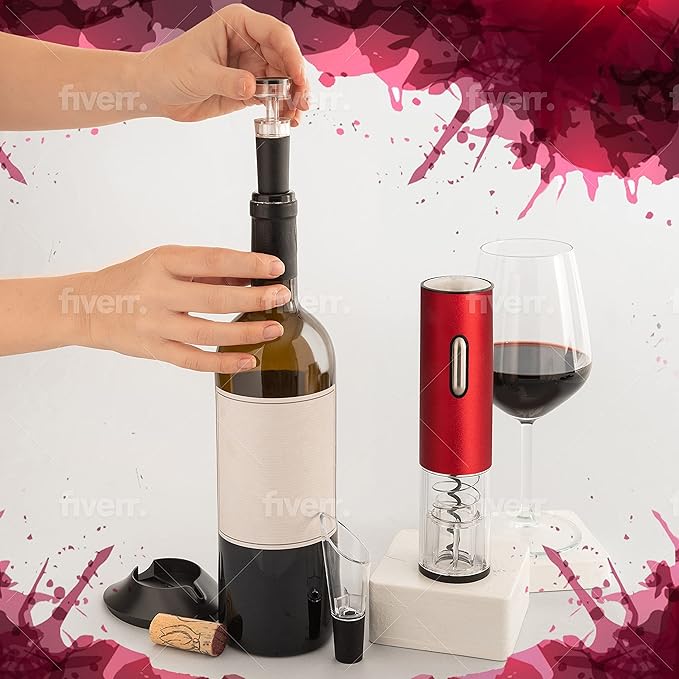 Moss & Stone Electric Wine Opener Set, Corkscrew Remover With USB Charging, Wine Bottle Opener with Wine Pourer, Foil Cutter & Vacuum Stopper, Automatic Wine Opener For Wine Lovers (Red)