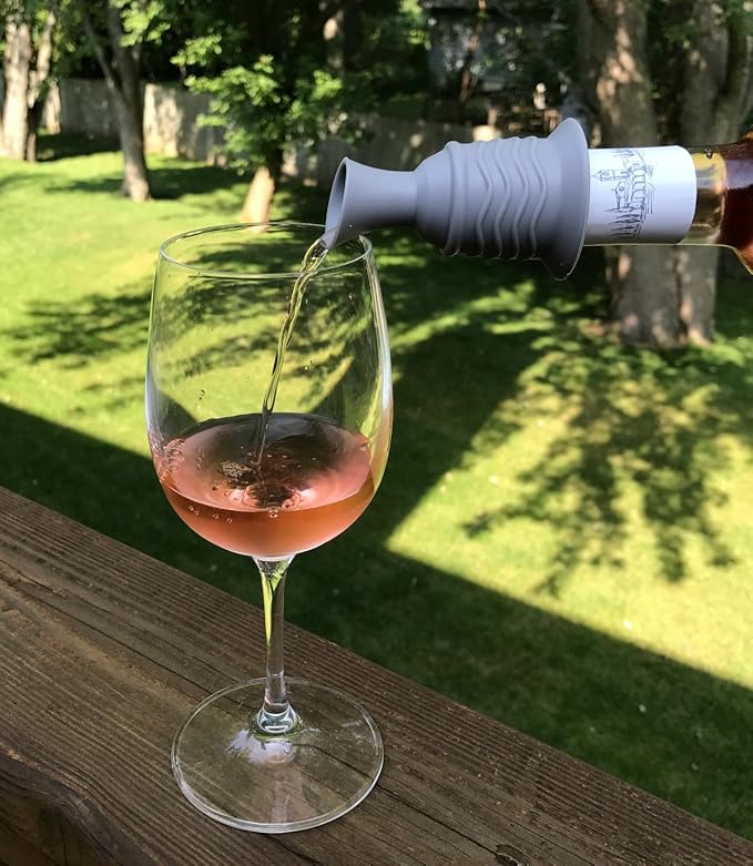 Simply Charmed Wine Stopper and Pourer – Gray Silicone Two in One Accessory to Serve and Save Wine More Easily