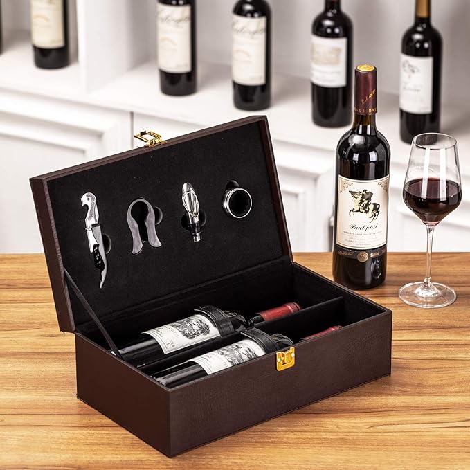 Wine Box, 2 Bottle Leatherette Top Handle with 4 Wine Accessory Travel Wine Gift Box, Handmade Premium Wine Carrier Case