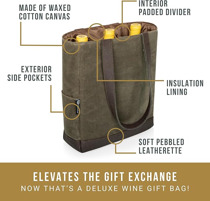 PICNIC TIME 2 and 3 Bottle Insulated Wine Bag, Distressed Waxed Canvas Wine Tote, Durable Bottle Carrier Bag for Gifts and Travel with Side Pockets & Removable Divider (Khaki Green with Brown Accents)