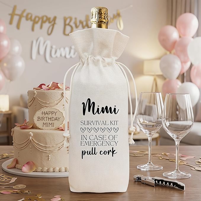 Mimi Gift Wine Bag from Grandkids, Funny Survival Kit Linen Drawstring Wine Bottle Cover, Reusable Wine Gift Pouch for Mimi Mother's Day Birthday Christmas Grandparents Day - A03