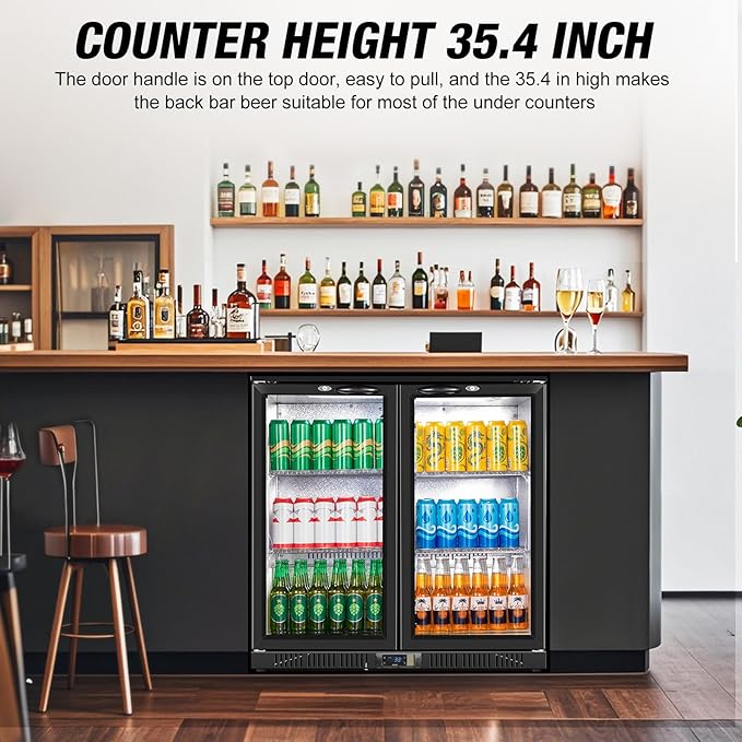 Beverage Refrigerator Under Counter, Back Bar Cooler with 2 Glass Door, Commercial Display Fridge 35.42 Inch Wide 7.4 Cu.Ft, Drink Fridge for Beer Soda Wine, Beverage Cooler for Kitchen Shop Bar