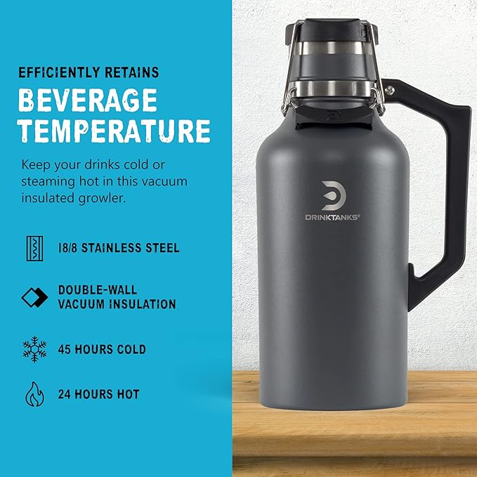DrinkTanks Craft Growler – 64 oz Vacuum Insulated Stainless Steel Beer Growler with Handle, Leakproof Thermal Beverage Tumbler for Beer, Wine, Coffee, Soda, Kombucha – Reusable & BPA-Free – Slate