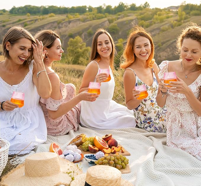 24 Pack Pink Plastic Wine Cups, 14oz Disposable Stemless Ribbed Wine Glasses, Cute Clear Unbreakable Outdoor Cocktail Glasses, Heavy Duty Plastic Drinking Cup for Galentine Wedding Party Mimosa Bar
