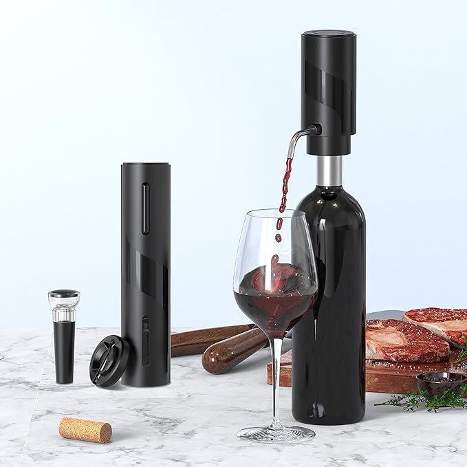 4-in-1 Electric Wine Opener Set – USB Rechargeable with Wine Decanter, Wine Aerator,Pourer, Wine Stopper and Foil Cutter. Gift set for Weddings, Parties, and Home Use, Portable size, Black